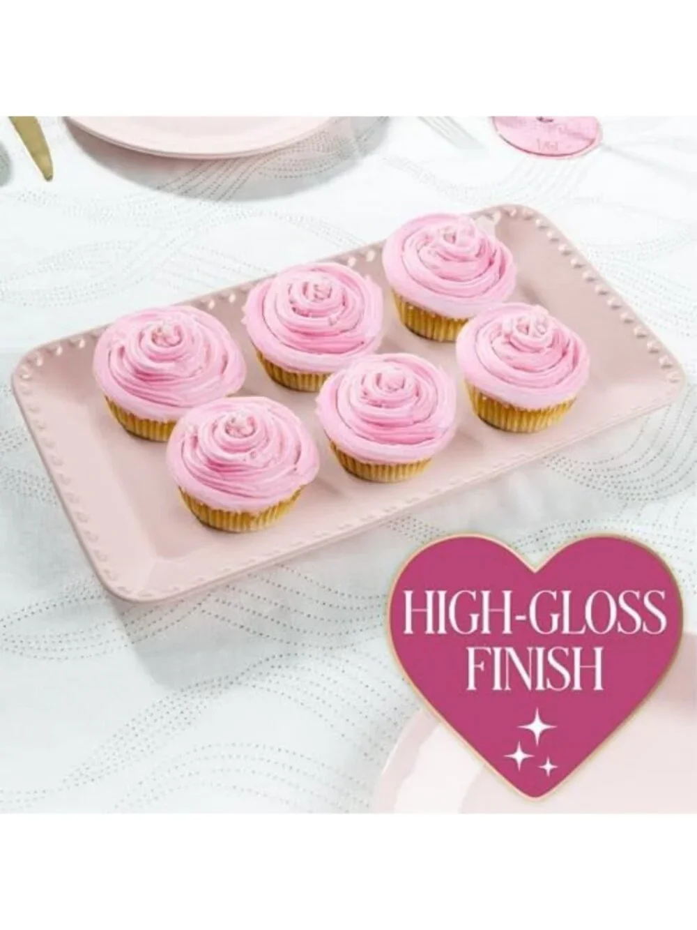 Pink Rectangle Ceramic Serving Platter Tray with Embossed Hearts, 15x8-Inch